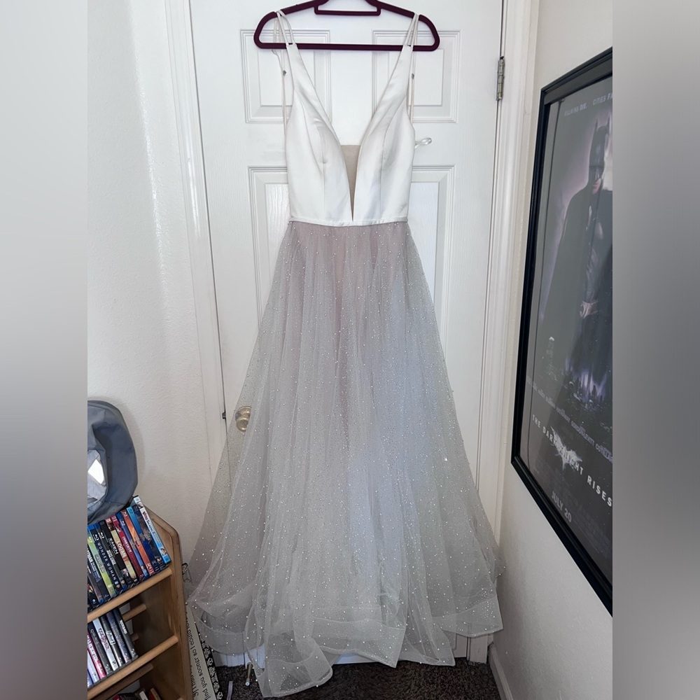 Size 8 white La Femme gown with sparkles and pearl accents